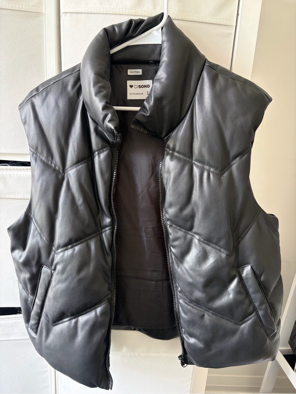 Ciso Black Quilted Faux Leather Puffer Vest